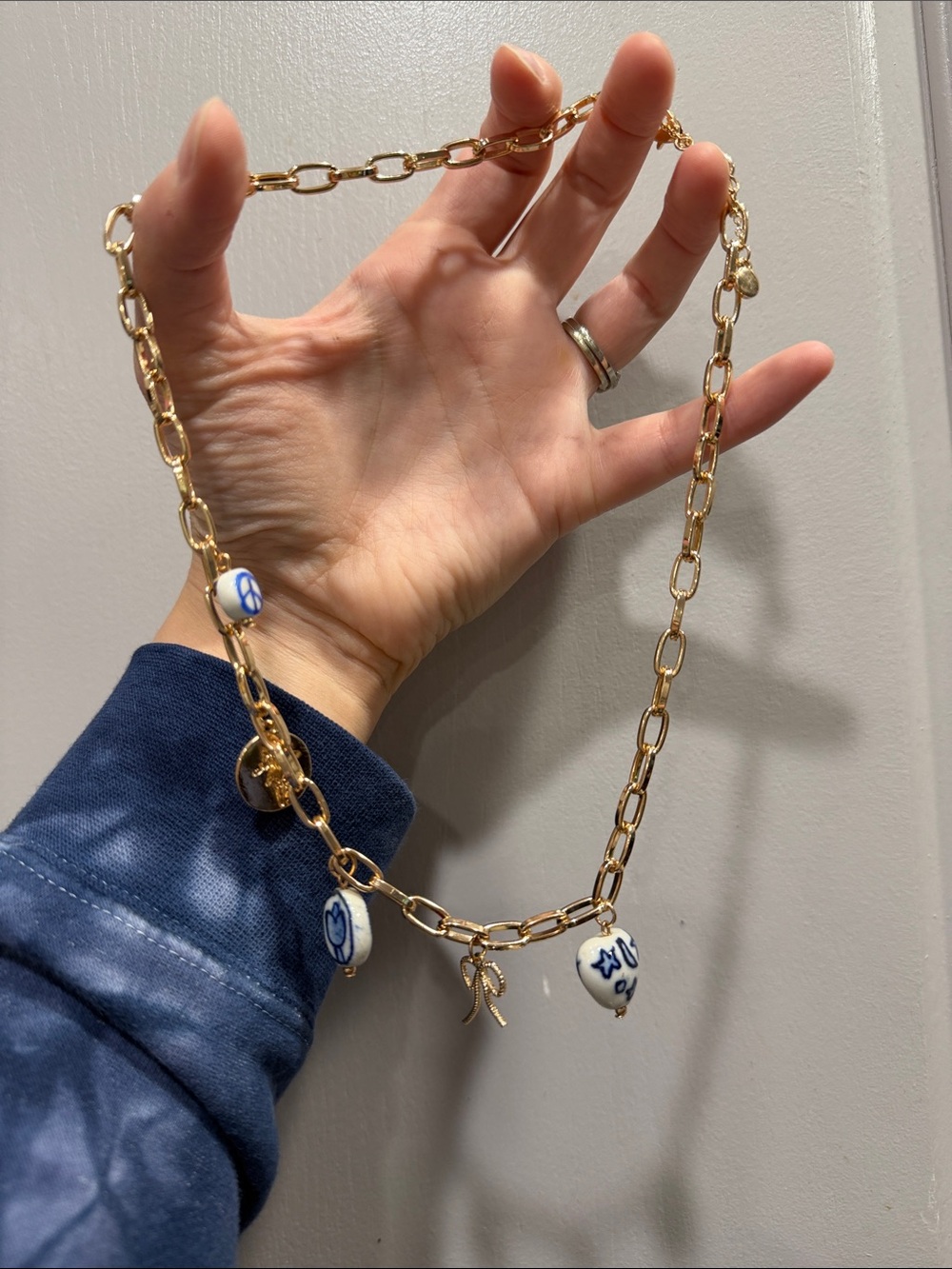Gold Charm Link Necklace with Blue & White Porcelain Accents-American Eagle